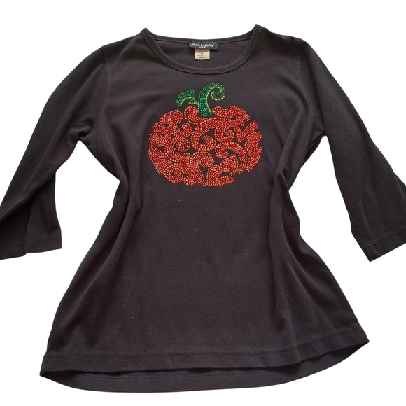 Get Lucky Y2K Black 3/4 Sleeve Embellished Pumpkin Sequin Design Top Size Small - Picture 7 of 12